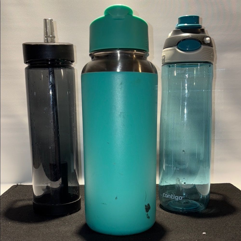 Black, Teal, and Blue Water Bottles